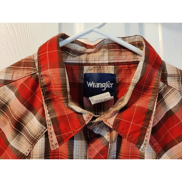 Vintage Men's Wrangler Red Tan Plaid Pearl Snap Long Sleeve Shirt - XL - Picture 7 of 10